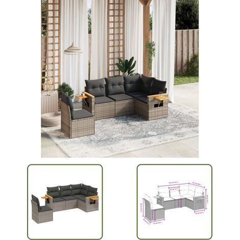 The Living Store 5-tlg. Garten-Sofagarnitur mit Kissen Grau Poly Rattan - Gartenmöbel - Esszimmergarnituren - Rattan Möbel - Outdoor Möbel - Lounge Set (1/3)