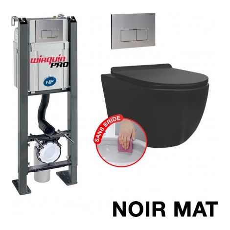 Pack WC suspendu EUROPALAMP Rimless noir mat avec bâti CHRONO cuvette et plaque inox DESIGN (1/5)