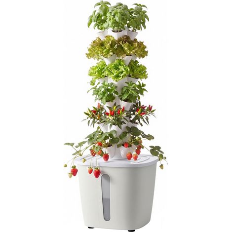 Hydroponischer Turm mit 6 Ebenen, 30 Anbauplätze, Anbausystem mit App-Steuerung, 20-Liter-Reservoir und Pumpe, für Kräuter, Obst und Gemüse in Innenräumen. (1/5)