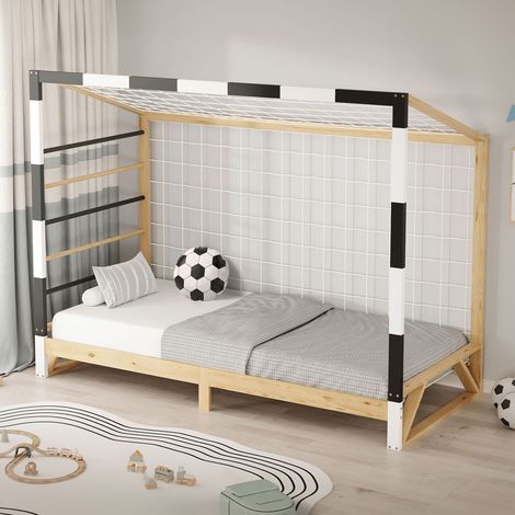 ML-Design Letto Bambini 90x200 cm in Pino Naturale, Struttura a Forma di Porta da Calcio Pallamano Bianco Nero, Rete a Doghe e Scala, Letto Singolo Sportivo, Lettino Basso per Cameretta (1/5)