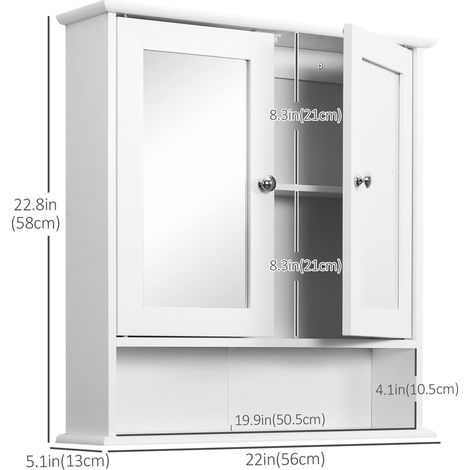 Armoire à pharmacie murale blanche, moderne, à double porte, avec miroir de salle de bain, étagère ouverte et étagère réglable. (1/5)