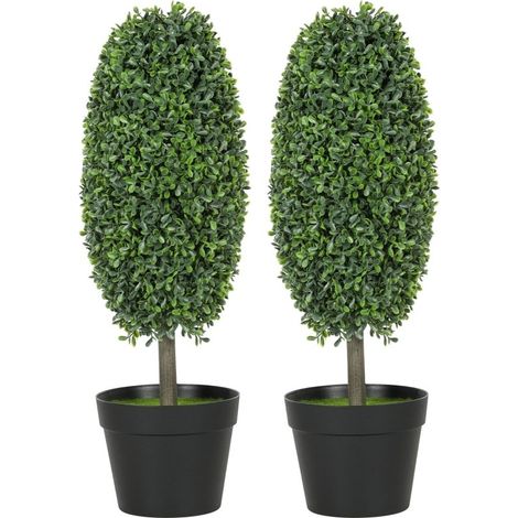 Pack de 2 plantas artificiales verdes de plástico y cemento con maceta, resistentes a los rayos UV, decoración interior y exterior (1/5)