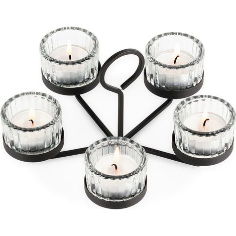Candeliere in metallo nero con inserti in vetro per 5 candele 21x21x12 cm