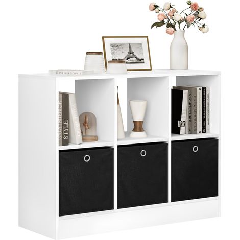 Woltu – Bookcase with 3 non-woven drawers – 6 open compartments – Stable design – White – 80 x 30 x 60 cm – Easy to clean, moisture-proof surface (1/5)