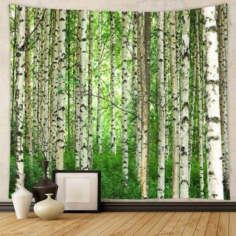Tenture Verte, Tenture Paysage Nature Forêt de Bouleaux Tenture Murale Boheme Chic Tapisserie WC pour Salon Chambre À Coucher Dortoir 350x256cm (1/5)
