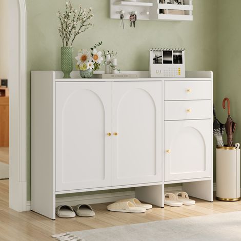 Meuble à chaussures en MDF et panneaux de particules blanc, 3 portes, 2 tiroirs, tablettes réglables, 120 x 35 x 90 cm (1/5)