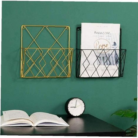 Porte-revues mural, journal, bibliothèque, étagère de rangement, fil de fer, panier en métal, bureau, salon, chambre, étagère décorative classeur (or) (1/4)
