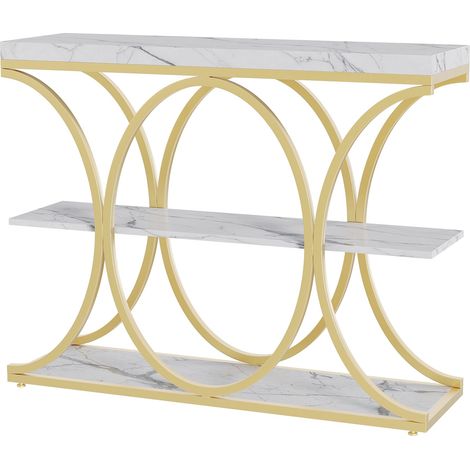 Table d’entrée industrielle table console 3 étagères avec cadre métallique demi-cercle, rangement en bois, 100 cm, doré (1/5)