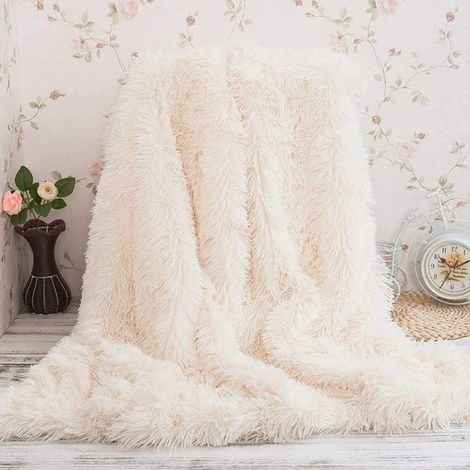 Plaid Couverture Polaire Super Doux Plaid en Microfibre Aspect Fausse Fourrure Artificielle Jeté de Canapé Douce et Chaude pour Couvre-Lit/Climatisation TV (Blanc, 200 X 230 CM)