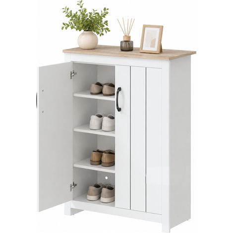Armoire à Chaussures Chêne et Blanc, 12 Paires, 4 Niveaux, 2 Portes et Étagères Réglables, 80 x 32,8 x 105 cm, Meuble d'Entrée et Couloir (1/5)