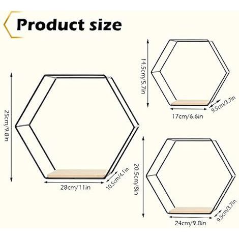 Set of 3 Hexagonal Metal Wall Shelves, Metal Wire Storage Shelves Display Racks Hanging Shelf for Living Room, Office, Bedroom, Bathroom (Black) (1/3)