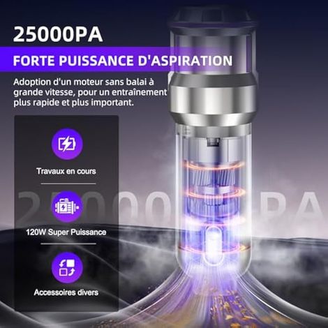 Aspirateur à Main, 25000Pa Aspirateur Voiture Puissant sans Fil avec Vidage Automatique 1 Touche, 4-en-1 Mini Aspirateur, Moteur sans Balai, 3 Niveaux, Idéal pour Les Poils d'animaux, Voiture, Maison (1/4)