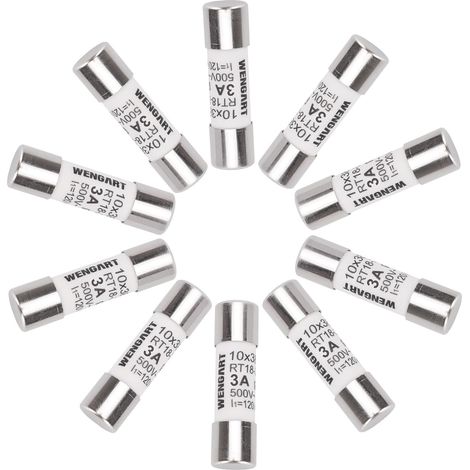 Pack of 10 Cylindrical Fuses 10 x 38 mm 3A Type gG (General Use) AC 500V High Cut-Off Capacity 120kA Ideal for Control Circuits, VMC and Transformers Model RT18-32 (RO15) (1/5)