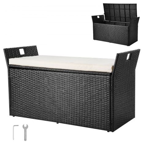 Gartenbank mit Stauraum, PE-Rattan-Sitztruhe, Truhenbank mit Kissen & seitlichen Griffen, trägt bis zu 360 kg, Gartensitzgelegenheit & Veranda-Dekor für Terrasse, Garten, Balkon, 125x55x70cm (1/5)