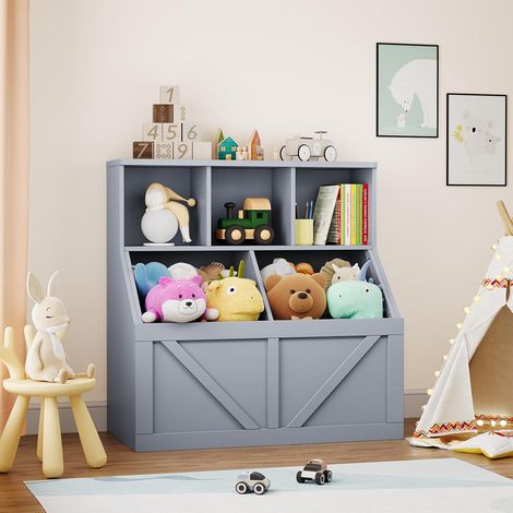 Bibliothèque Enfant en Escalier avec Bacs de Rangement, Meuble Livres et Jouets en MDF, Gris