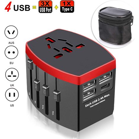 Adaptateur Voyage Universel, International Prise Universelle avec 4 USB, 4 en 1 Chargeur USB pour USA UK Australie Japon Italie Chine, Prise Monde Applicable à 224 Pays ou régions, Noire (1/5)