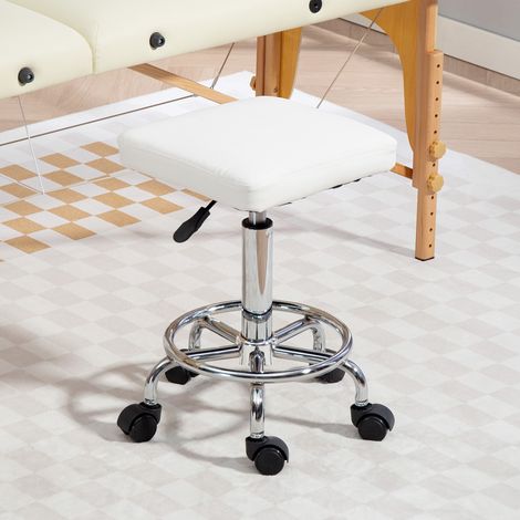 Sgabello girevole regolabile con sedile imbottito, poggiapiedi e ruote per soggiorno e officina, 34x34x50-66 cm, bianco. (1/5)
