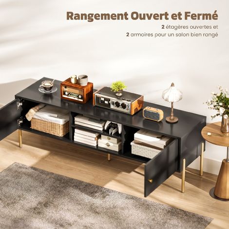 Meuble TV pour Télévision jusqu'à 65", Portes Cannelées, Compartiments Ouverts, Pieds Acier, 140 x 38 x 45,9 cm, Noir (1/5)