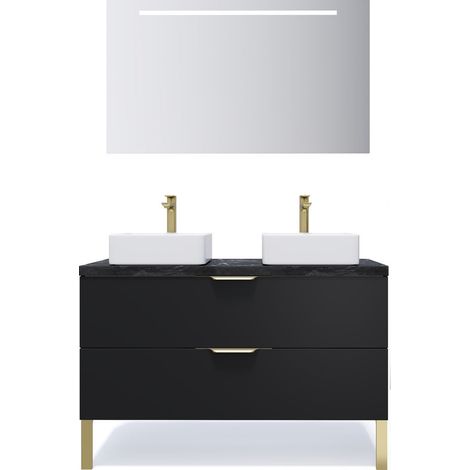 Meuble de salle de bain suspendu 2 vasques à poser 120cm 2 tiroirs Noir + miroir - Venice (1/5)