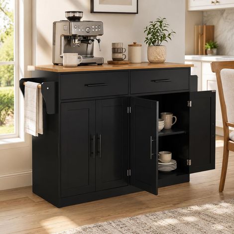 FurnitureR Black Kitchen Island 120x71x91.5cm with 2 Drawers 4 Doors (1/5)