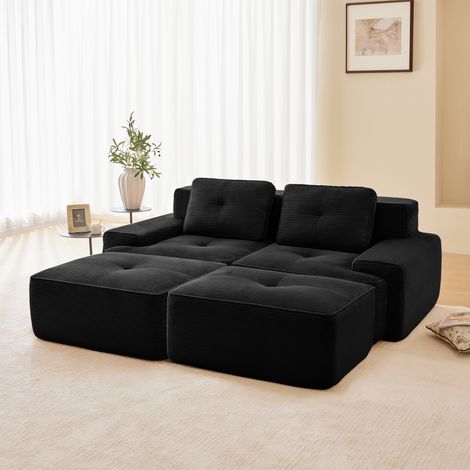 Modulares 2-Sitzer-Cordsofa mit 2 Hockern, rahmenlos, 32D-Elastik, extra tiefe Sitzflächen, 204 x 177 x 69 cm, schwarz
