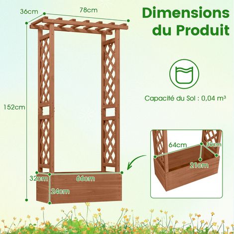 Bac de plantation surélevé en bois sapin 66 x 32 x 152 cm avec treillis et toit décoratif, couleur café, trous de drainage, pour plantes grimpantes intérieur et extérieur (1/5)