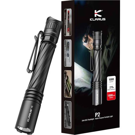 P2 Lampe stylo 1 000 lumens, portée de 270 mètres – 2 piles AA ou USB-C rechargeables (piles incluses), étanche IPX8, lampe torche EDC compacte pour la poche (1/5)