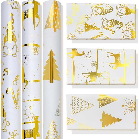 3 Rouleaux Papier Cadeau Noel Grand Rouleau Papier Cadeau Adapté Enfants, Femmes et Hommes Surface Plaquée Or (1/5)