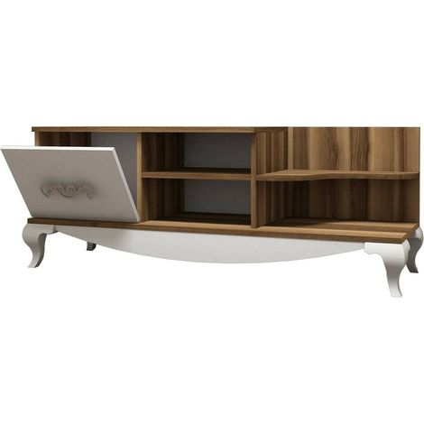 Dmora - Mobile porta TV Assolo, Credenza da soggiorno, Armadio basso per TV, Base parete attrezzata, 130x45h51 cm, Noce e Bianco (1/5)