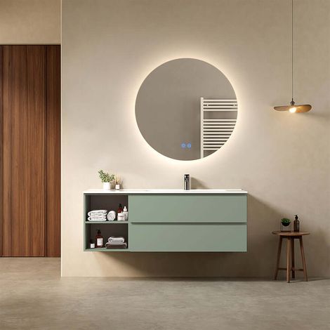 Mobile bagno sospeso 140 cm Verde Salvia Lavabo a Destra in Resina Specchio Tondo Retroilluminato - Fiji Paint Plus (1/4)