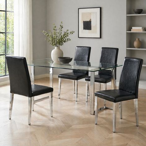 MODFU – Lot 4 chaises similicuir noir – Dossier ergonomique et mousse 4,5 cm – Pieds métal argenté – 120 kg – Noir (1/5)