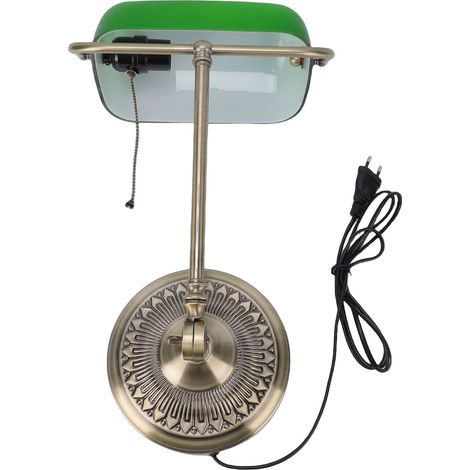Lampe de bureau vintage à brancher, avec abat-jour en verre vert et interrupteur à tirette, idéale pour la chambre, le bureau ou la maison (prise européenne 220 V). (1/5)