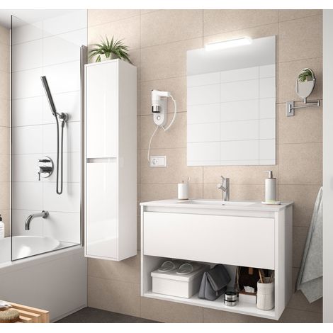 Mobile bagno sospeso 100 cm 1 cassetto e 1 vano in legno bianco lucido con lavabo a incasso - Nova - 100 cm Con Doppia colonna Specchio e Lampada Led - Misura: 100 cm - Accessorio: Con colonna specch