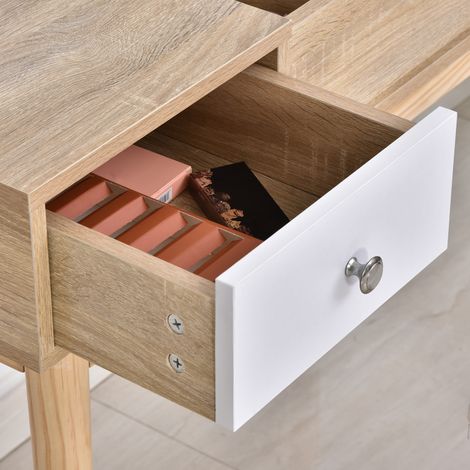 Coiffeuse design miroir rabattable, table beauté avec rangement bijoux, 2 tiroirs et tabouret, finition bois (1/5)