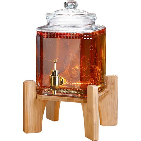 Distributeur de boissons en verre, capacité de 3000 Ml, pour jus de limonade, thé et boissons de fête, robinet en cuivre, support en bois (1/5)
