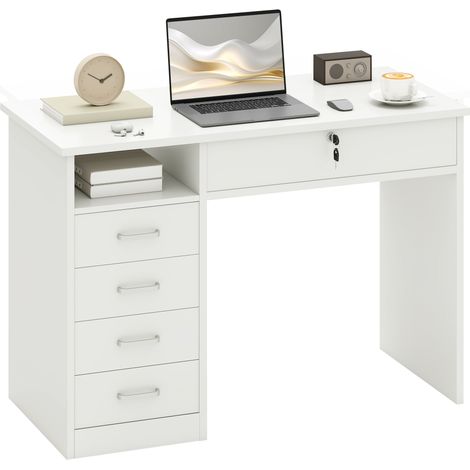 HOMCOM Computer Desk Writing Desk with Five Drawers for Home Office White