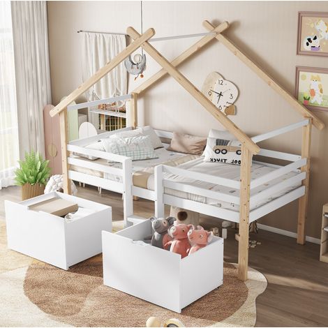 Lit enfant mi-hauteur cabane 90x200 cm avec toit, escalier, barrière 4 côtés, 2 rangements, bois+MDF blanc/naturel (1/5)