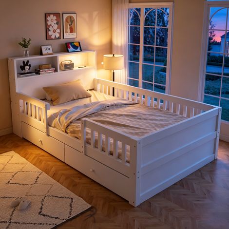 Lit enfant en bois avec barrières 90x190 cm Lit simple avec 2 tiroirs, tête de lit à étagère, LED, USB/USB-C, sommier, pin et MDF, blanc