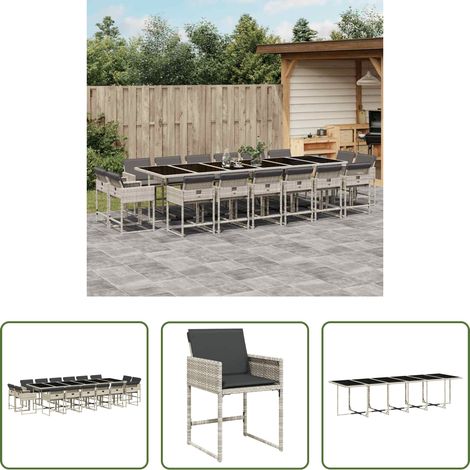 Gartentisch - 17-tlg. Garten-Essgruppe mit Kissen Hellgrau Poly Rattan (1/5)