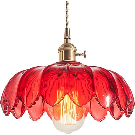 Suspension luminaire vintage industriel 25 cm verre Lotus rouge laiton E27 plafond lustre
