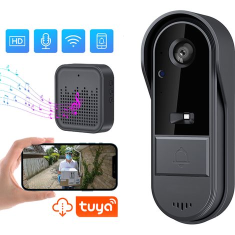 Sonnette vidéo sans fil avec carillon sans fil, audio bidirectionnel, contrôle via l'application Tuya, vision nocturne, Wi-Fi 2,4 GHz uniquement, stockage sur carte TF/cloud. (1/2)