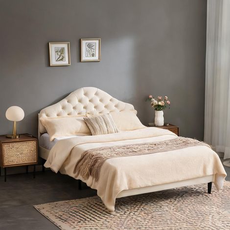 Tête de lit beige en velours 208 x 145 x 116 cm (1/5)