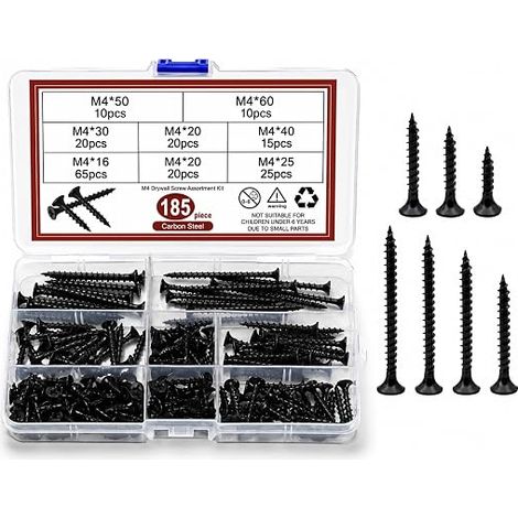 M4 Vis Autotaraudeuses Noires Assortiment Vis à Bois, Vis à Tête Plate Croisée pour Meubles, Placo plâtre - 16mm/20mm/25mm 30mm/40mm/50mm/60mm (1/5)