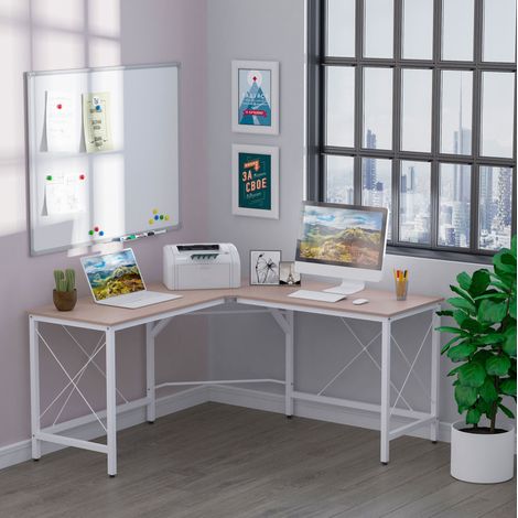 Bureau d'angle en L 150 x 150 x 76 cm, MDF mélaminé et acier, naturel DESVIAE (1/5)