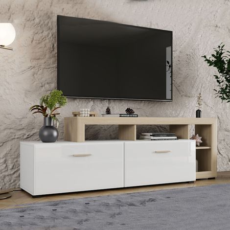 Mueble Porta TV Casola, 5 Estantes, 2 Puertas, con Patas, 189x42x61h cm Blanco Mate (1/5)