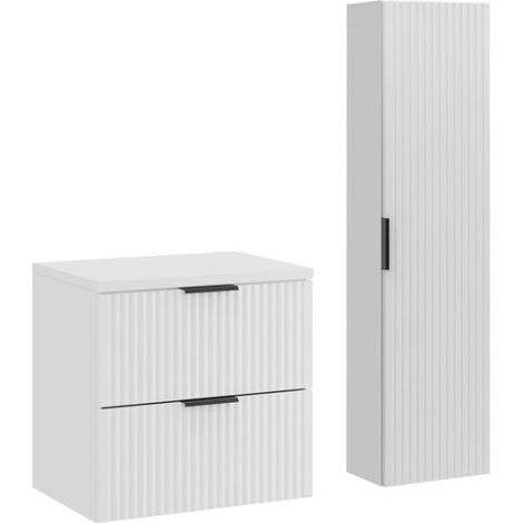 Set da bagno NOXERA 60 cm - Mobile sottolavabo sospeso bianco alpino opaco con piano per lavabo e colonna murale