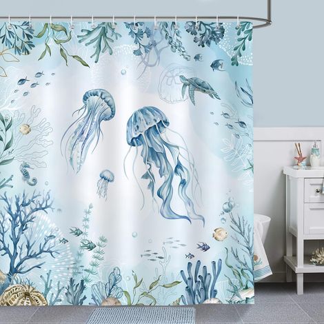 Blue Jellyfish Shower Curtain, Mildew Resistant Waterproof Polyester Washable Shower Curtain with 12 Hooks, 200 x 180 cm