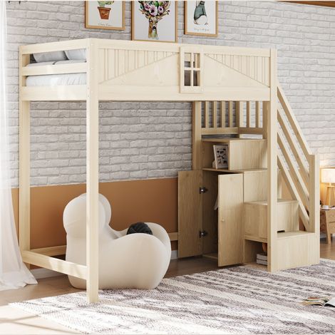 Lit mezzanine 90x200cm, lit simple, bois massif, sécurité unique avec fenêtre, échelle de latérale gauche et droite interchangeable, lit multifonction (1/5)