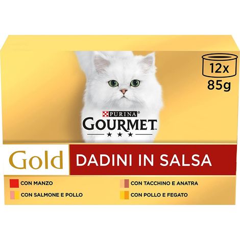 PURINA GOURMET GOLD Umido Gatto Dadini in Salsa con Verdure, con Anatra, Trota, Coniglio Vitello - 96 lattine da 85g ciascuna (12 confezioni da 8x85g)