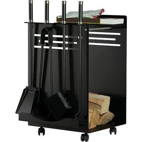 Portalegna con ruote acciaio nero 45x38 h.70 cm. con 4 accessori. Made in Italy